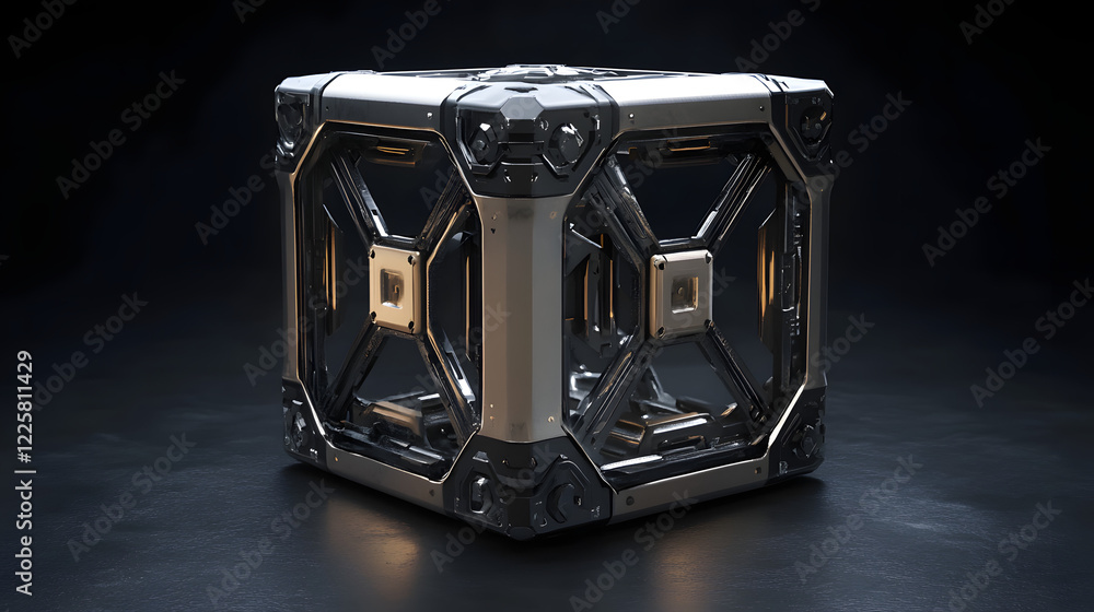 Poster abstract futuristic metal cube. science fiction block design. 3d rendering