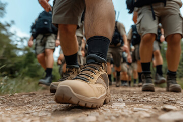 Fototapeta premium Hikers trekking along a rugged trail in nature during a sunny day