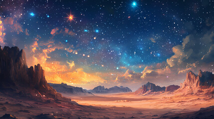 Under a sky full of stars, a vast desert landscape stretches out, with mountains in the distance. Eternal Sky. Illustration
