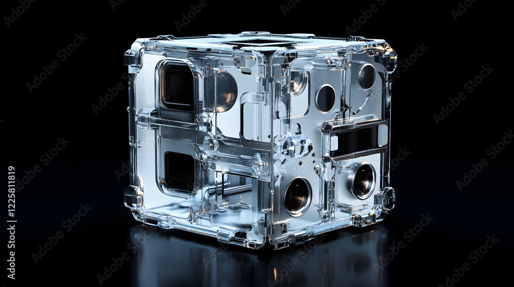 Poster abstract futuristic metal cube. science fiction block design. 3d rendering