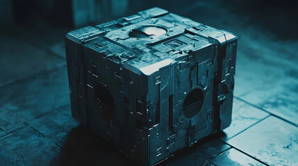 Obraz premium Abstract futuristic metal cube. Science fiction block design. 3D rendering
