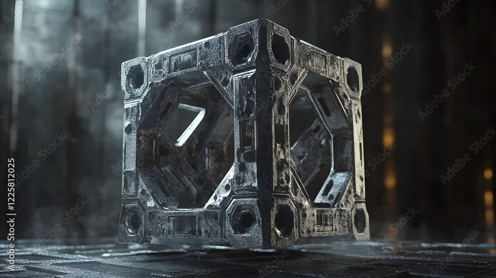 Poster abstract futuristic metal cube. science fiction block design. 3d rendering