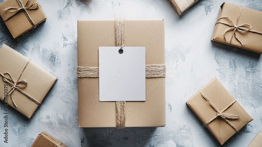 Poster Minimal gift wrapping with brown paper and string on table