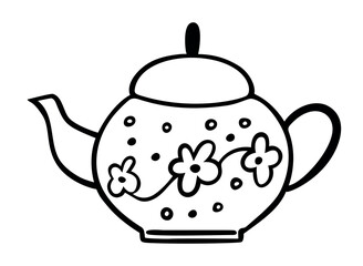 Hand drawn outline teapot with snowflakes isolated on white background. Vector illustration. Perfect for print, web, menu and infographics.