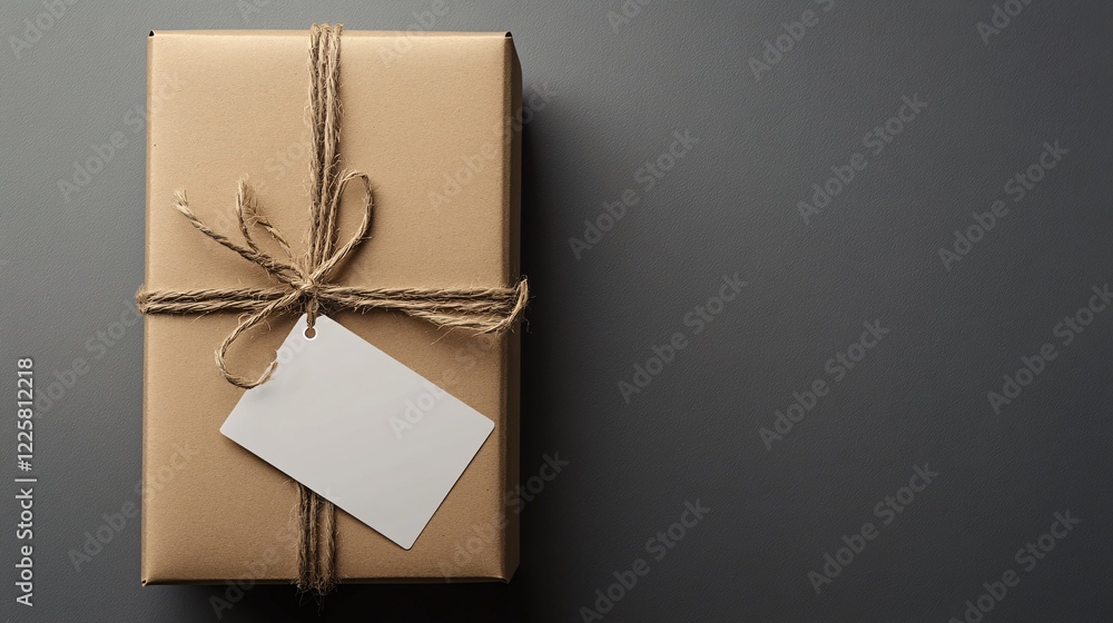 Aufkleber gift box wrapped in brown paper and tied with string on gray background