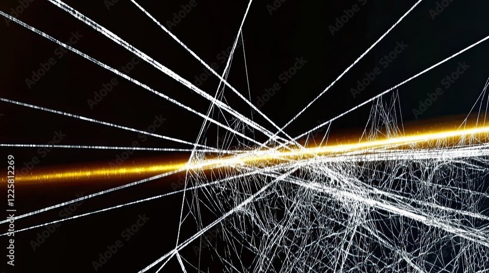 Poster futuristic chrome spider web design illuminated against a stark black background