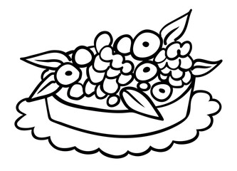 Hand drawn cake with berries and cream in doodle style isolated on white background. Fruit Tart. Vector. Sweet and beautiful dessert. Template for greeting card, postcard, print, menu.