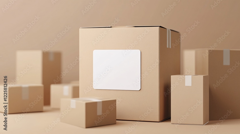 Poster large cardboard box with blank label surrounded by other boxes