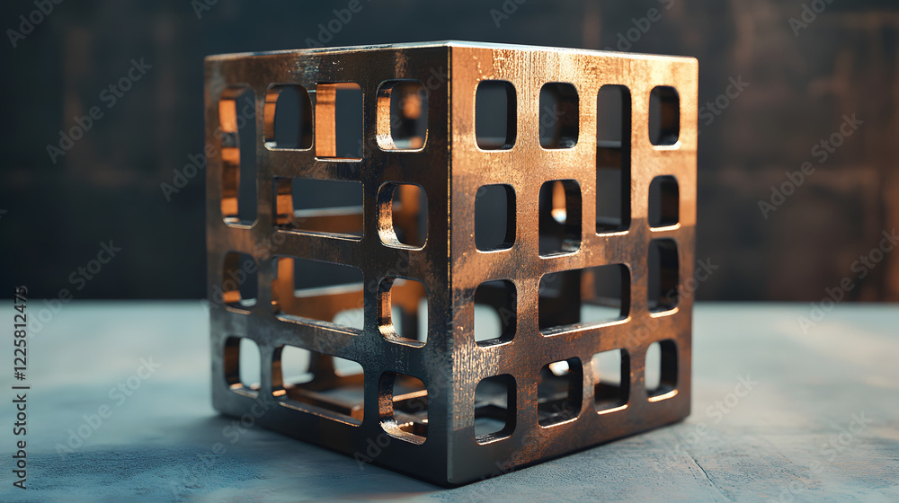 Poster abstract futuristic metal cube. science fiction block design. 3d rendering
