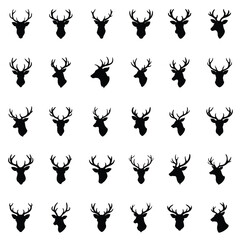 A set of mule deer head vector silhouette isolated,Deer head silhouette, Horned elk, stag, reindeer character mascot,deer icon, logo, badge, sticker, stencil