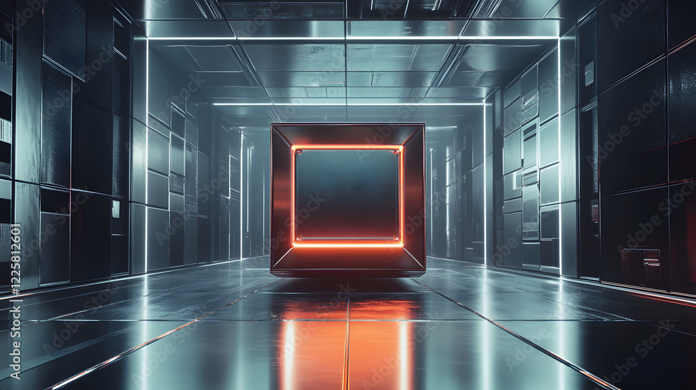 Poster abstract futuristic metal cube. science fiction block design. 3d rendering