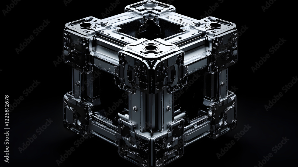 Poster abstract futuristic metal cube. science fiction block design. 3d rendering