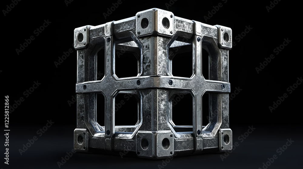 Poster abstract futuristic metal cube. science fiction block design. 3d rendering