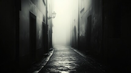 Obraz premium A dimly lit, desolate city street shrouded in foggy darkness, evoking a crime-filled ambiance. Perfect backdrop for eerie scenes or narratives