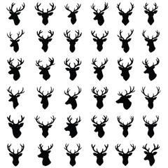 A set of mule deer head vector silhouette isolated,Deer head silhouette, Horned elk, stag, reindeer character mascot,deer icon, logo, badge, sticker, stencil