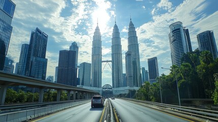 Fototapeta premium A modern city highway flanked by towering skyscrapers and framed by a bright, cloud-filled sky offers a bustling urban perspective