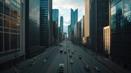 Fototapeta premium A modern city highway flanked by towering skyscrapers and framed by a bright, cloud-filled sky offers a bustling urban perspective