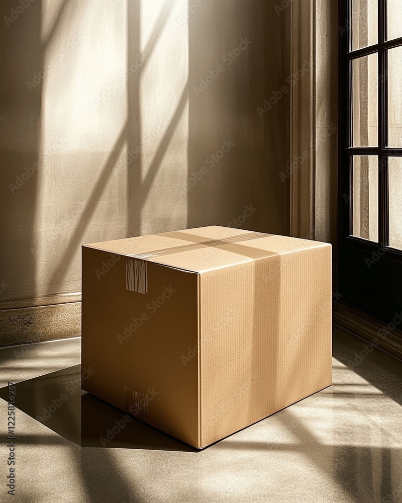 Aufkleber Cardboard Box Positioned in Serene Light With Ample Branding Space Above