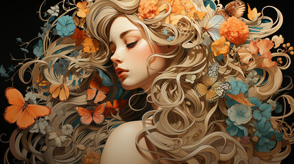 Elegant woman with flowing hair surrounded by colorful flowers, beauty