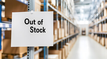 Fototapeta premium Out of Stock Sign on White Paper Board in Blurry Supermarket Background – Retail Supply Shortage, Shopping Availability, Product Demand, and Empty Shelf Notification Concept