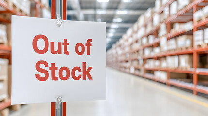 Out of Stock Sign on White Paper Board in Blurry Supermarket Background – Retail Supply Shortage, Shopping Availability, Product Demand, and Empty Shelf Notification Concept