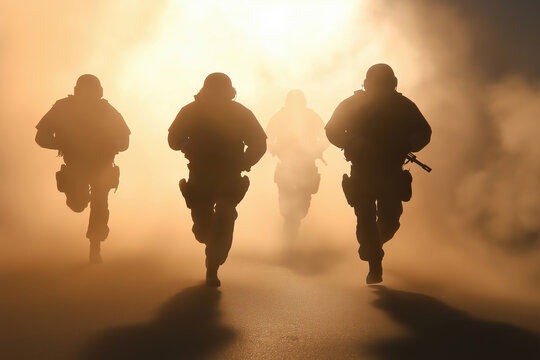 Soldiers running through thick smoke during a military exercise at dawn