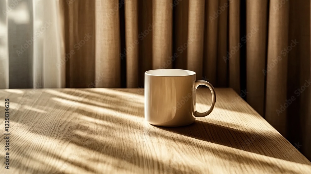 Poster minimalist white mug on a light wooden table inviting calm and reflection in a cozy setting