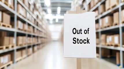 Out of Stock Sign on White Paper Board in Blurry Supermarket Background – Retail Supply Shortage, Shopping Availability, Product Demand, and Empty Shelf Notification Concept