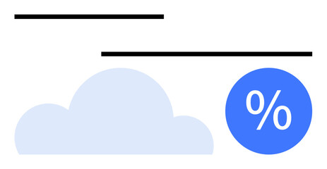 Blue cloud beside a blue circle with a percentage sign, under black lines. Ideal for technology, finance, data optimization, cloud services, cost-efficiency, analytics digital transformation. Simple