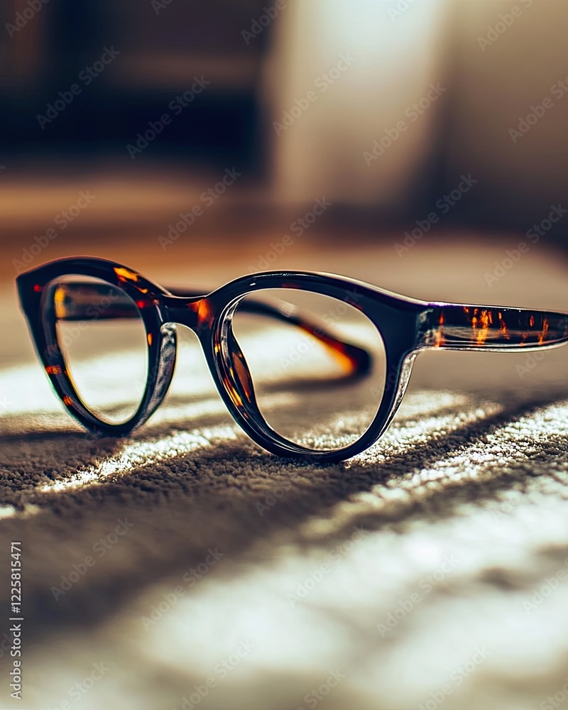 Poster elegant black rimmed glasses resting on a soft white surface casting sharp shadows in warm light