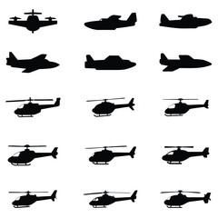 Airplane and helicopter vector silhouette illustration.Aircraft icon vector set.