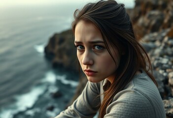 Fototapeta premium Sad young adult female sitting on a rocky cliff overlooking the ocean