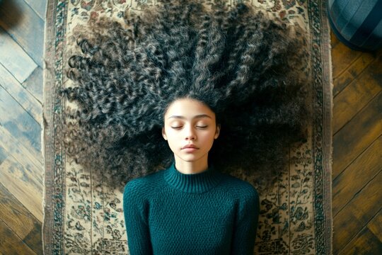 Commercial promotion idea. Long trim - curly hair. Gorgeous calm mixed-race girl - for ads, billboard and digital use. Colored hair advertising trends. Colored hair artistry. Long hair art. - Powered by Adobe