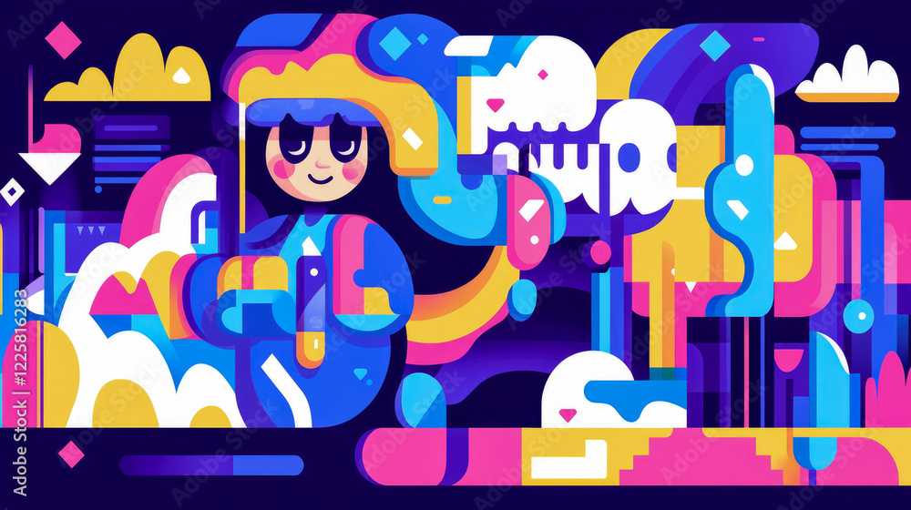 Poster abstract colorful character in a geometric landscape: a vibrant digital artwork featuring a stylized