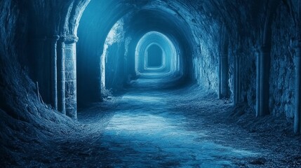 Naklejka premium A vacant, shadowy tunnel captured in a cool blue tone, evoking a sense of mystery and solitude
