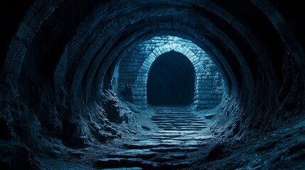 Naklejka premium A vacant, shadowy tunnel captured in a cool blue tone, evoking a sense of mystery and solitude