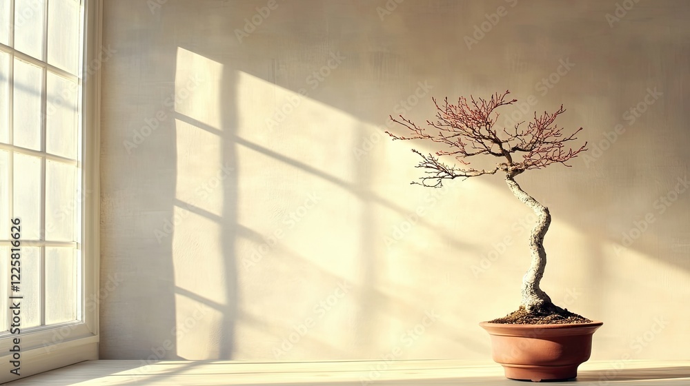 Poster solitary bonsai tree illuminates a serene minimalist space with soft shadows and a neutral backdrop
