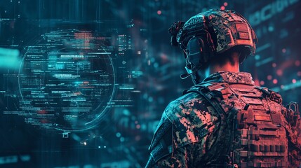 Military intelligence officer analyzing data on virtual holographic interface