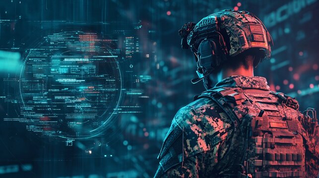 Military intelligence officer analyzing data on virtual holographic interface