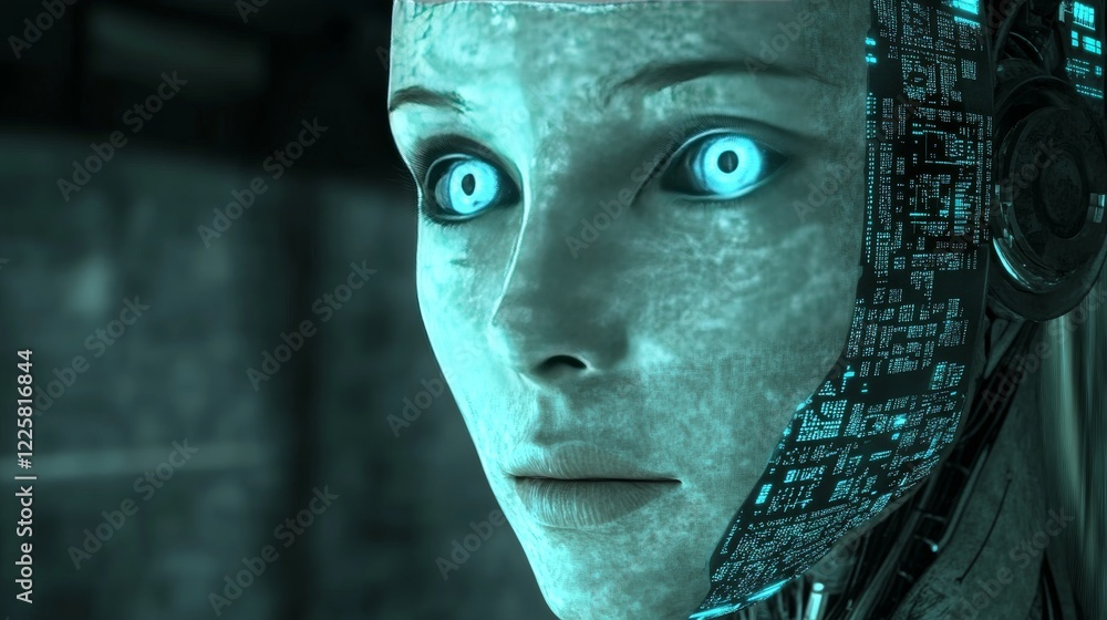 Aufkleber artificial intelligence with virtual hanging head on podium. global world cybernetic mind controls h