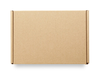 One closed cardboard box isolated on white, top view. Mockup for design
