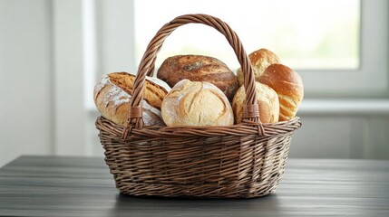 A wicker basket brimming with various fresh breads is set on a rustic grey wooden table, perfect for culinary visuals