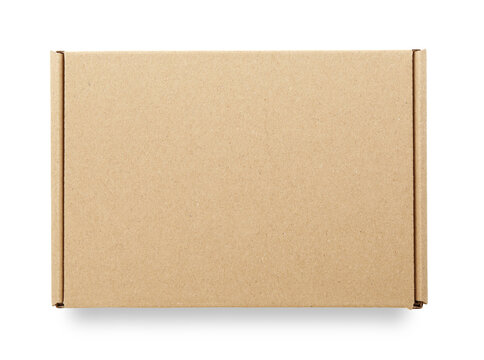 One closed cardboard box isolated on white, top view. Mockup for design