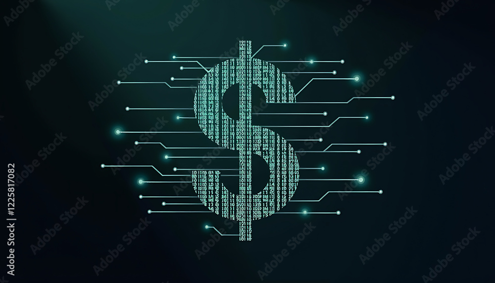 Poster digital dollar symbol with circuit lines on dark background