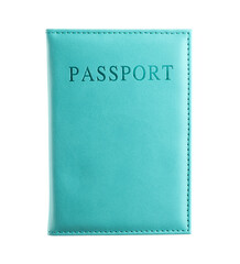 Passport in light blue cover isolated on white