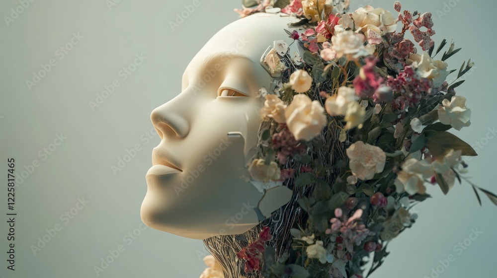 Poster artificial intelligence in humanoid head with neural network thinks. ai with digital brain is learni