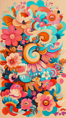Fototapeta premium Vibrant Floral Abstract Painting: A symphony of swirling colors and organic shapes, featuring a profusion of blossoms in bold hues of pink, orange, and teal, creating a dynamic and joyful composition