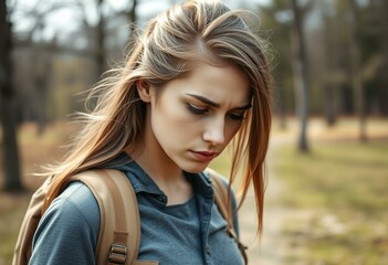 Naklejka premium Young woman expressing frustration outdoors