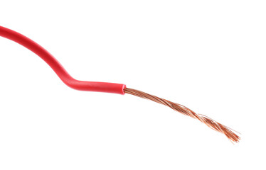 Red stripped electrical wire with copper strands on white background
