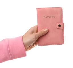 Woman holding passport in bright cover on white background, closeup